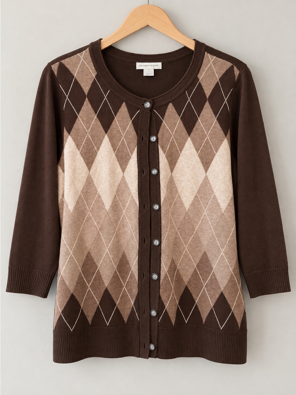 Classic Argyle Knit Cardigan Brown 3/4 sleeves–Academia Preppy EUC L #2425